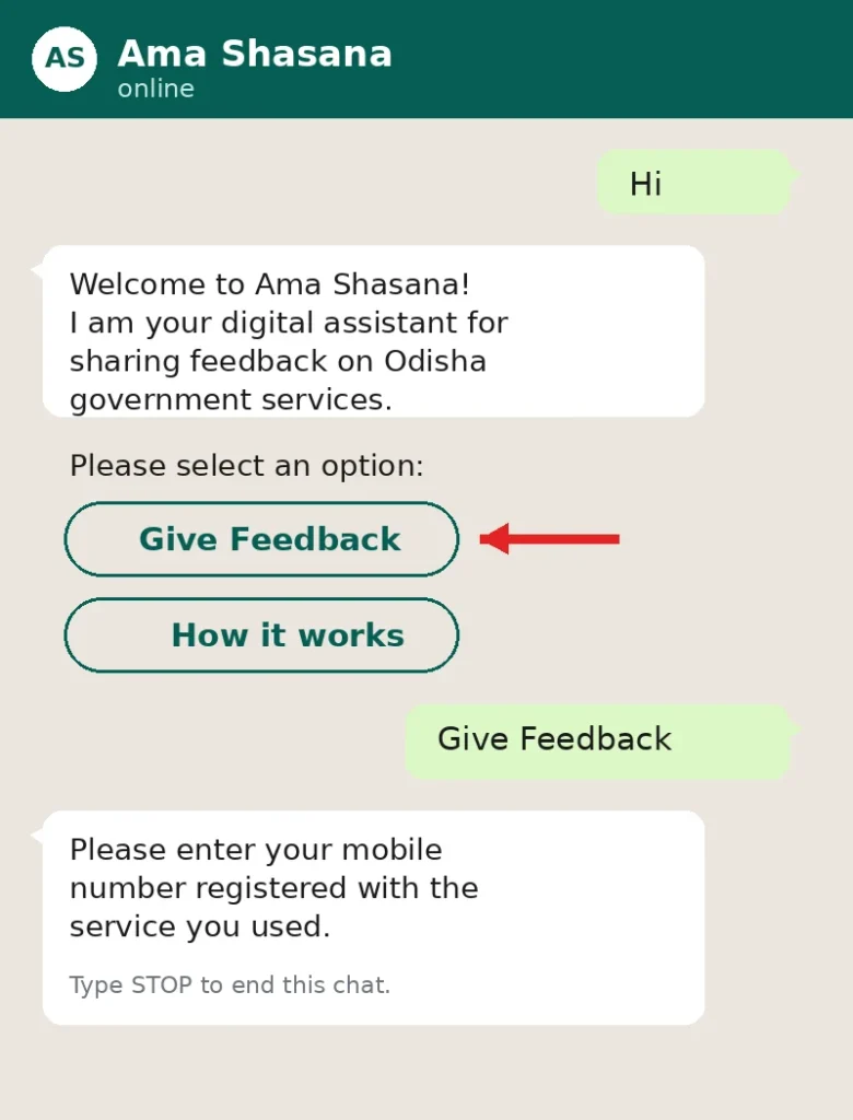 Ama Shasana WhatsApp chatbot conversation showing Give Feedback option