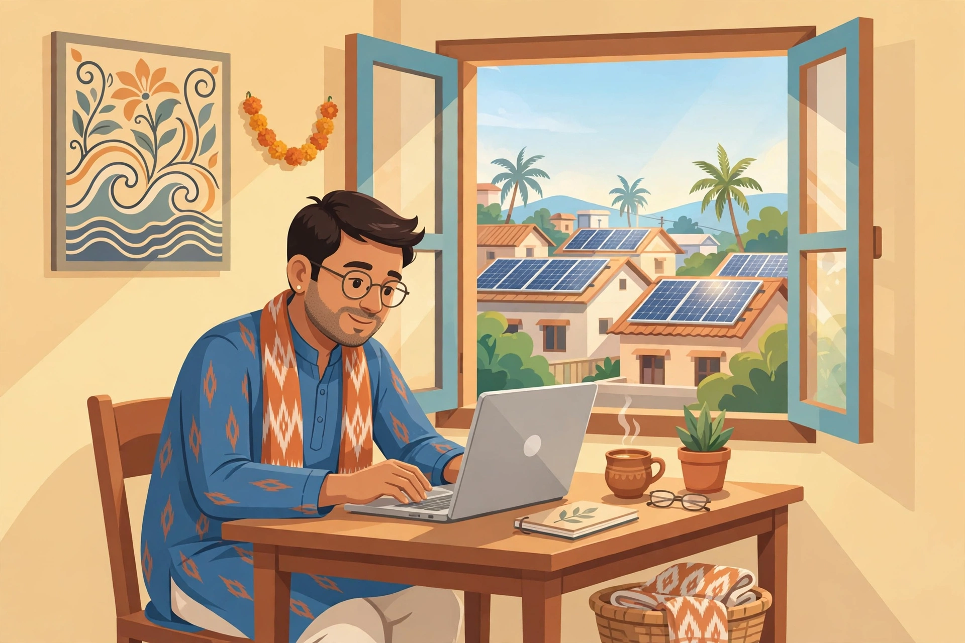 Illustration of applying online for the Odisha rooftop solar scheme
