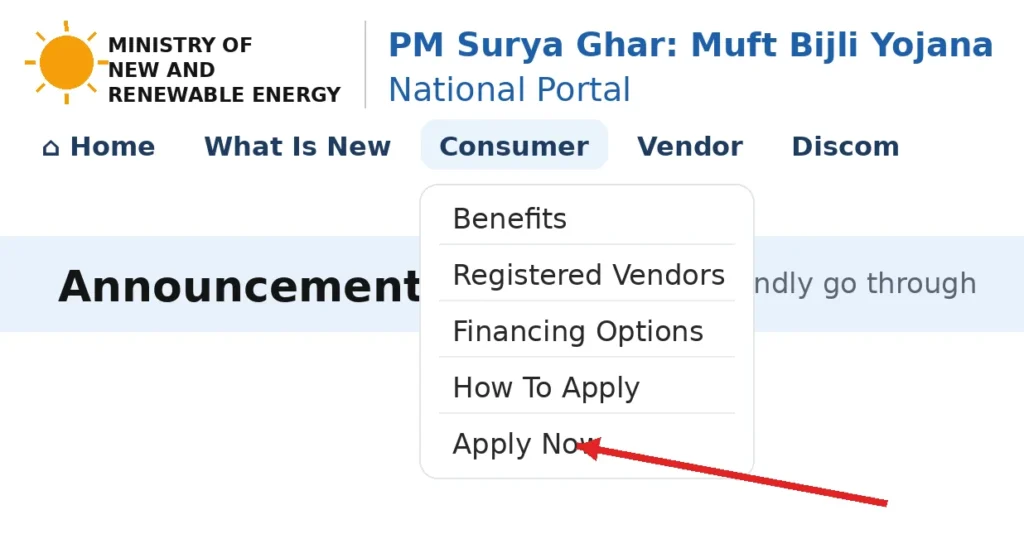 PM Surya Ghar portal Consumer menu with Apply Now option highlighted